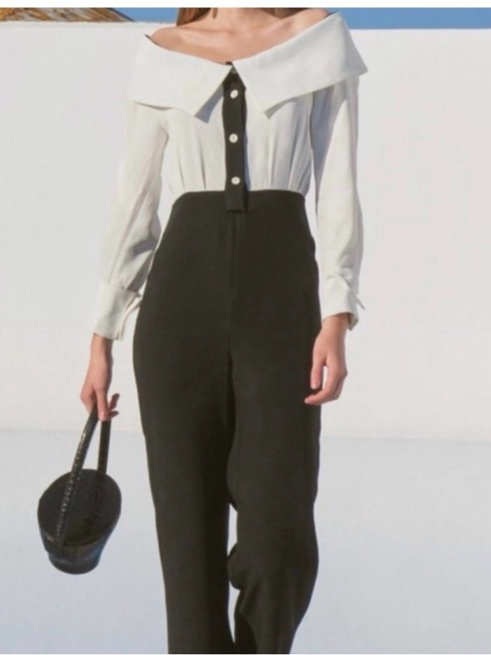 New STAUD Palladium Jumpsuit Off-Shoulder Two-Tone Jumpsuit - Black & White S/4
